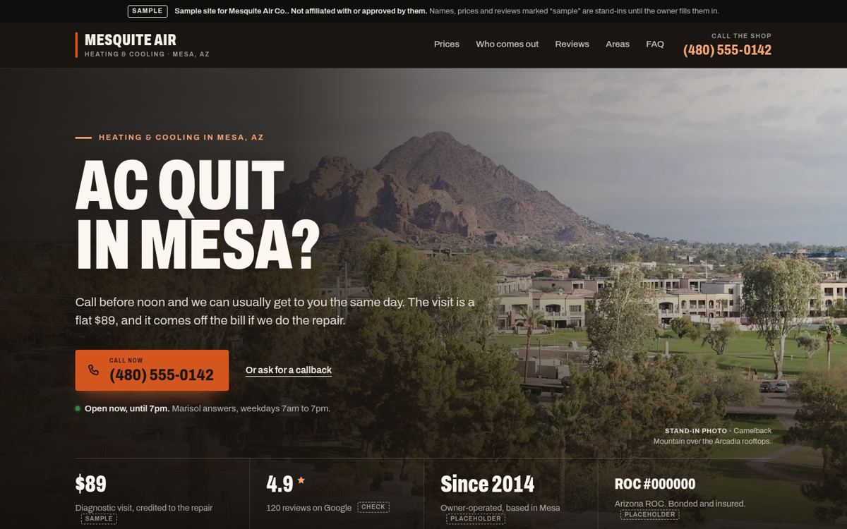 Desktop view of a sample HVAC site for a made-up shop, with an orange call button